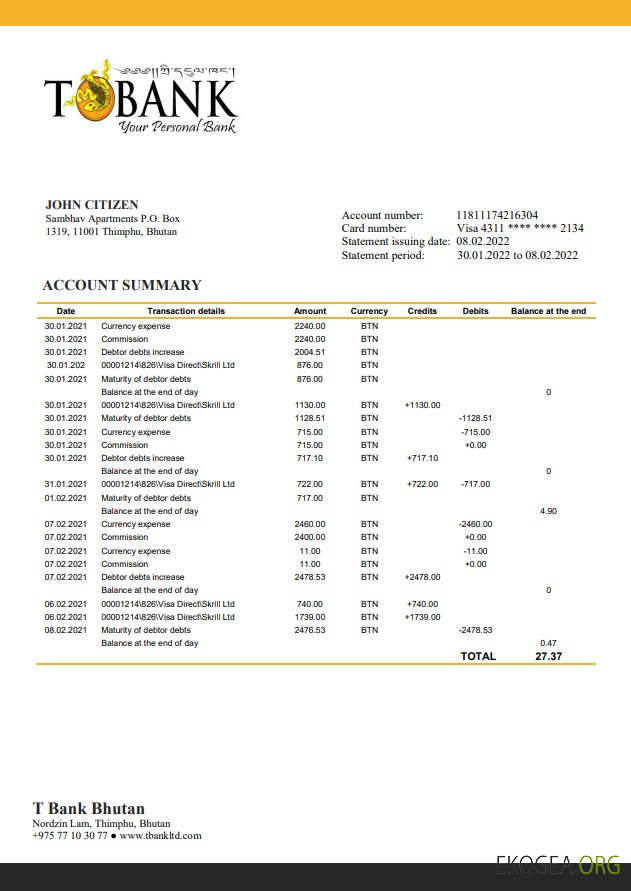 Relevé de la banque T du Bhoutan